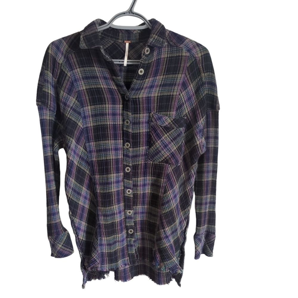Free People Juniper Ridge Gauzy Cotton Plaid Shirt Purple/Blue/Green Plaid Sz Sm